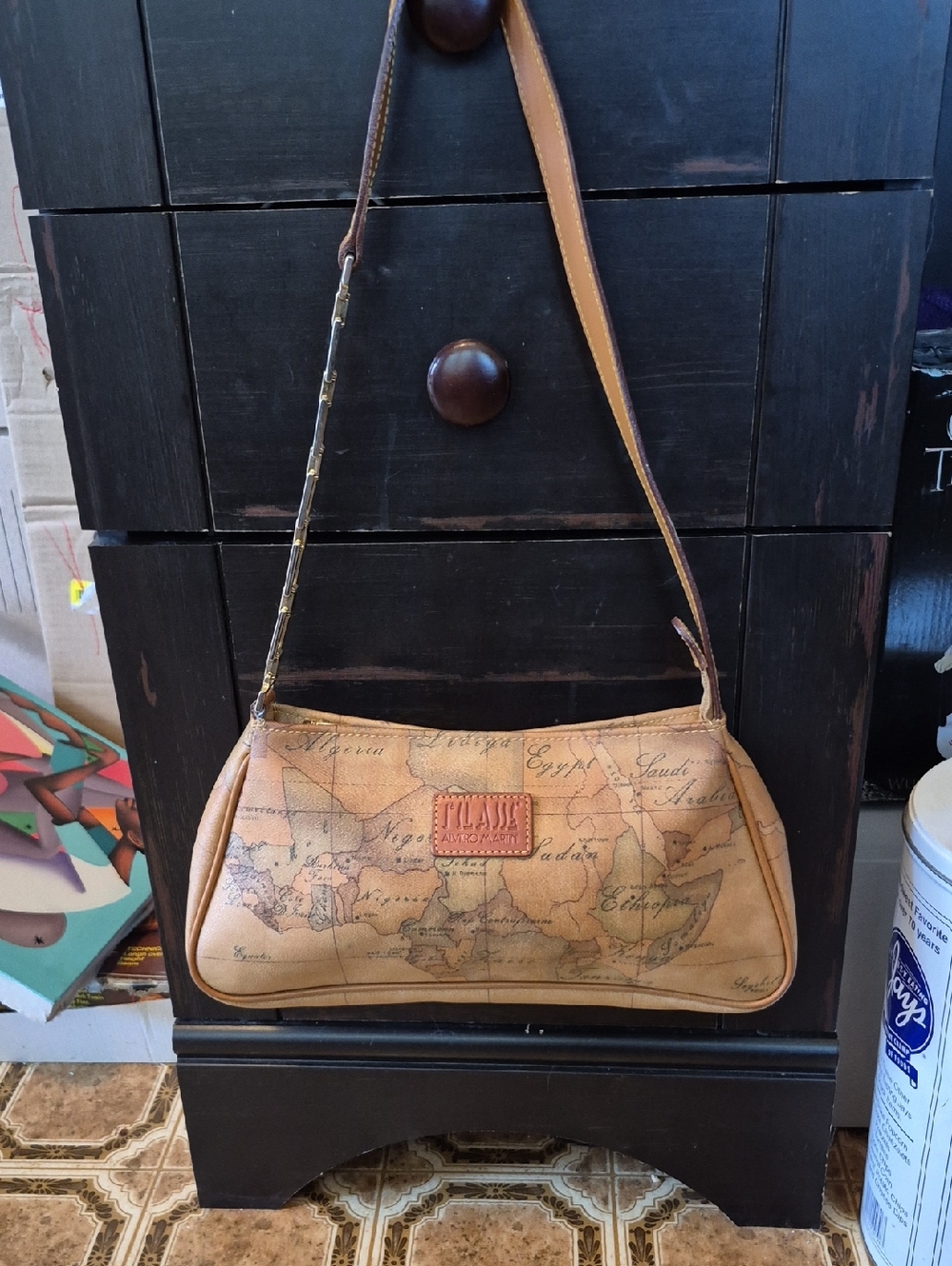 Alviero Martini Map-Print Shoulder Bag in Tan and Brown